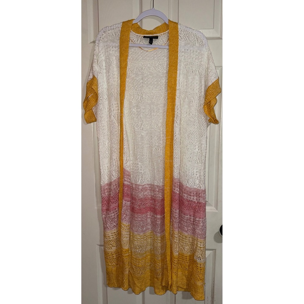 Lane Bryant Duster Cardigan Womens 14/16 Yellow Pink White Open Knit Longline